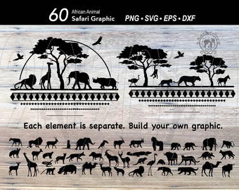 May include: A digital collection of 60 black African animal safari graphics in PNG, SVG, EPS, and DXF formats. The set includes two landscape scenes with trees and animals, plus individual silhouettes of various wildlife for custom graphic design.