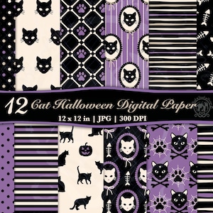 Op de afbeelding: Een verzameling van 12 digitale papieren met Halloween-katthema's. Ontwerpen omvatten zwarte katten, pootafdrukken, strepen en stippen in zwart, wit en paars. Elk papier meet 30.48 x 30.48 cm.