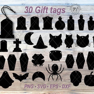 30 Etiquetas para presente de Halloween SVG em formato de outono em branco DIY Pacote de etiquetas para presente | Etiqueta para pendurar com rosto de aranha, morcego, lobo, coruja e gato | Silhueta em formato de caixão