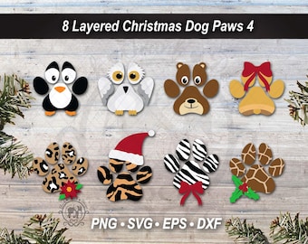 8 Christmas Dog Paw Print SVG Vector Bundle | Layered Winter Pet Cut File Graphic | Holiday Season Animal Clipart (Digital Download)