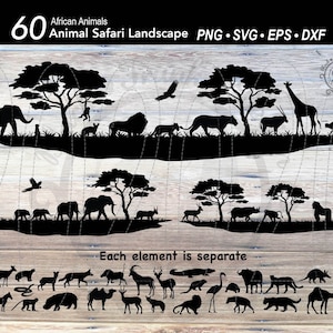 60 Safari Africa Silhouette Animal SVG Bundle / Scena Africa / Paesaggio Safari / Elefante / Leone / Giraffa / Rinoceronte / Ippopotamo / Iena / Zebra
