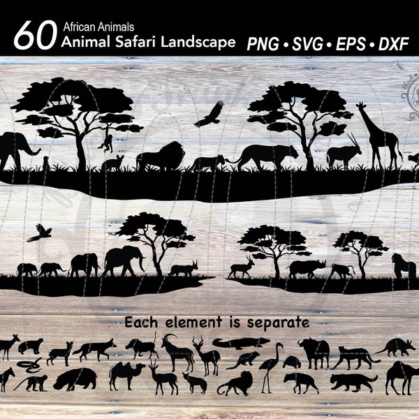 60 Safari Afrika Silhouette Tier SVG Bündel | Afrika-Szene | Safari-Landschaft | Elefant | Löwe | Giraffe | Nashorn | Nilpferd | Hyäne | Zebra