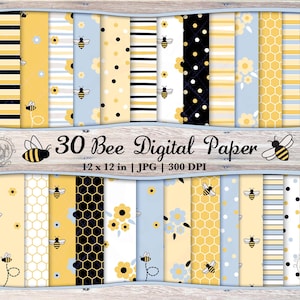 Op de afbeelding: Een verzameling van 30 digitale vellen papier met bijenmotieven, elk 30,48 cm x 30,48 cm. De ontwerpen bevatten bijen, honingraten, bloemen en strepen in geel, zwart en blauw. Geschikt voor diverse knutselprojecten.