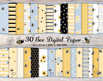 30 papeles digitales de abejas sin costuras en azul claro, JPG / Patrón de abeja / Papel de álbum de recortes imprimible con abejorros / Fondo de flores repetidas con panal