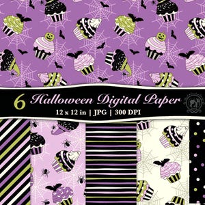 May include: A collection of six Halloween-themed digital papers. The papers feature repeating patterns of cupcakes, bats, spiders, and spiderwebs in purple, black, and green. The text "6 Halloween Digital Paper" is displayed on a black banner.