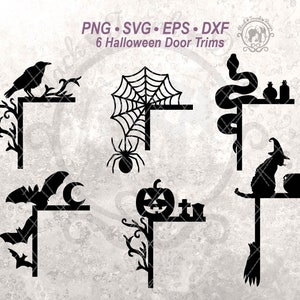 Paquete SVG de esquina de puerta de Halloween / Letrero decorativo para colgar en la puerta de Halloween / Rincón de bruja de temporada espeluznante con gato, calabaza, telaraña, cuervo y serpiente