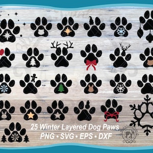 25 Christmas Dog Paw Print SVG Bundle | Uroczy zimowy płatek śniegu sylwetka łapy zwierzaka plik do cięcia | Warstwowa grafika wektorowa zwierząt w sezonie świątecznym