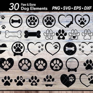 30 Dog Paw Print SVG Bundle | Pet Heart Paw Tag | Dog Paw Footprints | Dog Bone Cut File | Animal Dog Paw Silhouette Outline Clipart