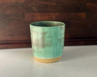 Handmade Art Deco Green Ceramic Tumbler, Wheel Thrown Stoneware Pottery Cup