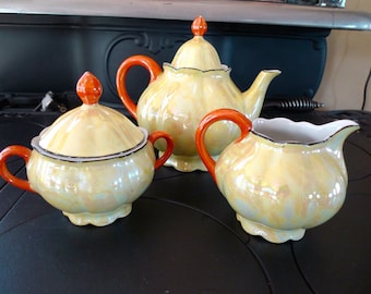 Yellow Lustreware Teapot, Creamer and Sugar Bowl, Germany
