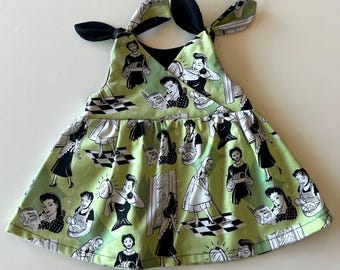 Baby and Toddler Girls Retro Rockabilly Dress: Light Green 50s Pin Up, Tie Shoulder
