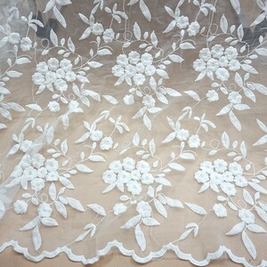 49.2 Inches Wide Scalloped Ivory Embroidered Floral Organza Fabric By the Yard, Organza Lace Fabric for Sewing, Crafting F226