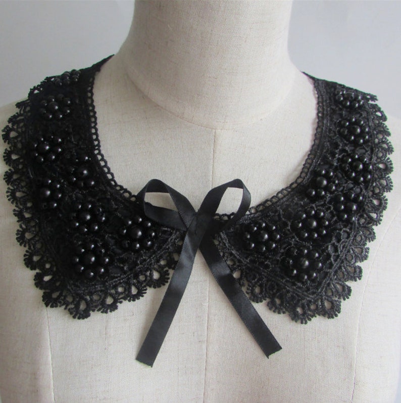Heavy Beaded Black Fake Lace Collar False collar vintage image 0