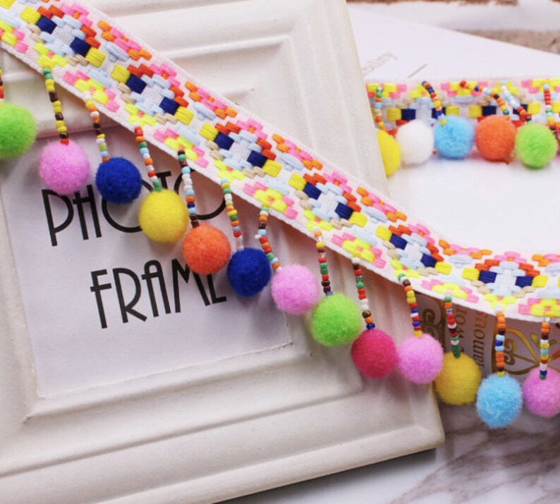 Pendant Pom Pom Ball for Sewing S51 3 yards Rainbow Pom Pom Trim For Curtains Boho Pom Pom Ribbon for Cushions