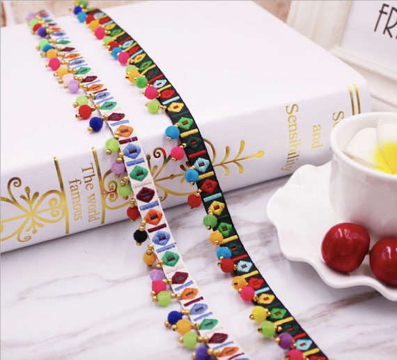 Beaded Pom Pom Fringe Trim Ethic Embroidery Ribbon With Etsy