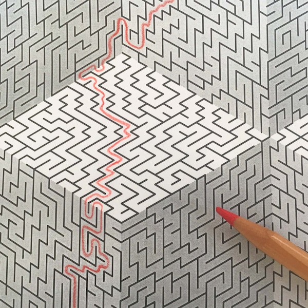 3D illusion Maze, printable PDF, full-page maze, challenging!