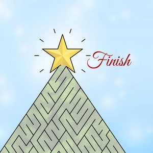 May include: A green Christmas tree maze with a gold star on top. The word "Finish" is written in red cursive at the top of the maze.