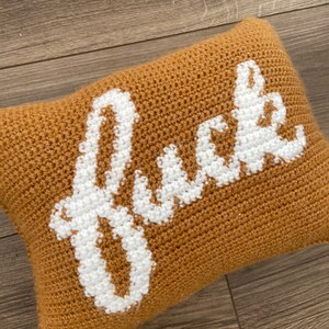 May include: A brown crocheted pillow with the word "Just" embroidered in white.