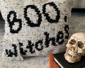 May include: A white and brown crocheted pillow with black lettering that reads "Boo!" and a smaller crocheted pillow with black lettering that reads "Boo!"  The pillows are sitting on a gray rug with a decorative skull and book in the background.
