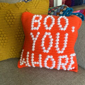 May include: A bright orange crocheted pillow with white crocheted letters spelling "BOO YOU A**HOLE".