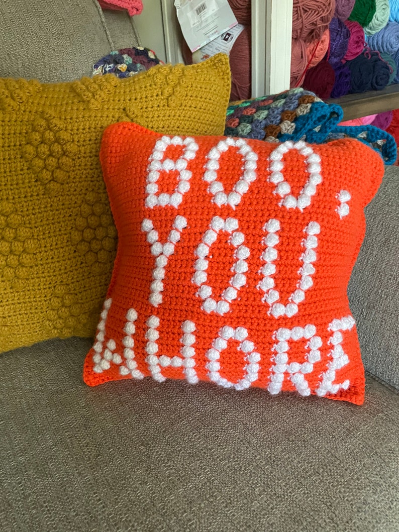May include: A bright orange crocheted pillow with white crocheted letters spelling "BOO YOU A**HOLE".