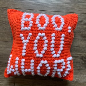May include: Orange crocheted pillow with the words "Do you love me" in white crocheted letters.