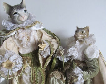 Victorian Cat Doll Large Cat Figurine Grey and White Cast Antique Cat Lover Gift Idea Grey Tiger Cat Birthday Party Romantic Home Decor