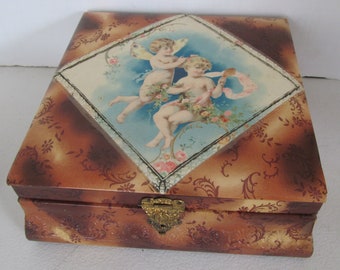 Victorian Cherubs Jewelry Box Silk Lined Jewelry Box Victorian Celluloid Jewelry Box cherub angels Dresser vanity Box Vanity Storage Box