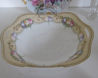 Floral German Cake Plate Antique Cake Plate Blue Yellow and Pink Roses Cake plate Antique Victorian Plate Germany Open Handle Cake Plate