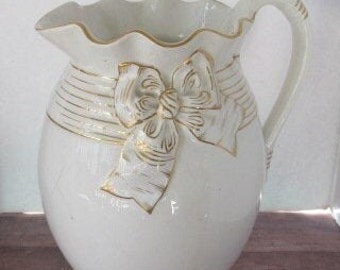 White Ironstone Pitcher Gold Bow Antique Water Pitcher Victorian Antique Water Pitcher Victorian Decor Victorian Bed and Breakfast Decor BNB