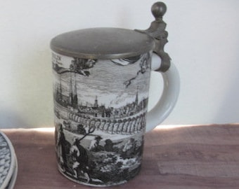 Black Transfer Ware Stein Mug with Pewter Hinged Top, Berlin Stein Beer Mug Antique Beer Stein Ironstone Mug