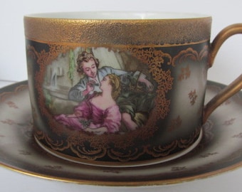 Romantic Gifts Extra Large Tea Cup and Saucer Hand Painted Bavaria Germany Gift For Her Queen of the House Fancy Teacups with Gold Courting