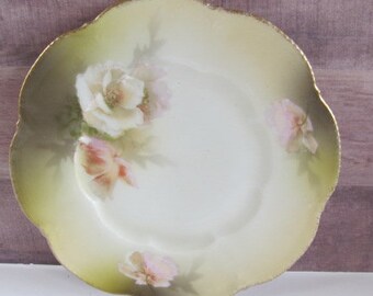 Floral German Rose Plate Antique Germany Plate White Rose Decor Antique Victorian Plates Germany Olive Green Romantic Home Decor wall plates