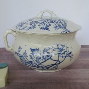 Puede incluir: Un orinal de cerámica blanca con un diseño floral azul y blanco. La tapa tiene un diseño floral y un pomo en la parte superior.