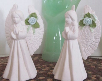 Pr White Angels Matching Set of Angel Figurines with Blue Green Flower and Ribbon on Angel Wings Praying Angels Guardian Angels Angel Decor