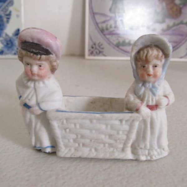 Victorian Bisque Figurines Boy and Girl Victorian Toothpick Holder, Tiny Flowers in Basket, Button Holder  Pin Tray Stamped KL