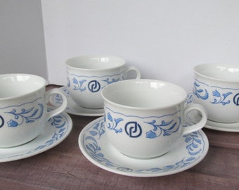 4 Japanese tea cup and saucer set, Blue and White Japanese Decor Service for 4 Teacup sets Japanese Tea