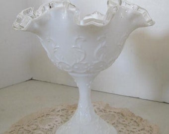 Milk Glass Vase Fenton Silver Crest Ruffled Edge Vase White Milk Glass Ruffled Edge Vase Cornucopia Vase Pedestal Vase Art Glass Vases