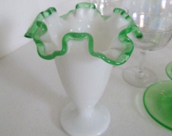Milk Glass Vase White Vase Fenton Emerald crest Green Ruffled Edge Vase White Milk Glass Vase Green Glass Vase Pedestal Vase Art Glass Vases