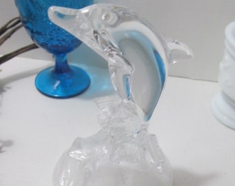 Clear and Frosted Crystal Double Dolphins Riding a Wave Figurine
