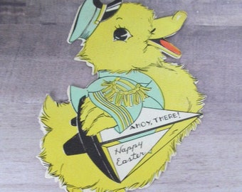 Sailor Yellow Ducky Used Easter Card, great for scrap booking or Easter decoration 1935 Yellow Rubber Duck Ahoy There Happy Easter Cards