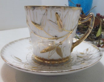 Espresso Cup and saucer Lovely and Delicate White and Gold Cup and Saucer Gold Leaves Flowers Matching set of Tea Cup and Saucer