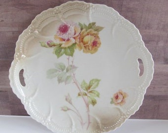 Beautiful Floral German Cake Plate Open Handle Antique Cake Plate Yellow Pink Roses Cake plate Antique Victorian Plate Leuchtenburg Germany