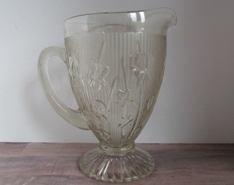 Clear Glass Iris Pitcher Herringbone Pattern  Mid Century Glass Iris Flower Iris Herringbone Pattern EAPG Glass Water Pitcher Jeanette Glass