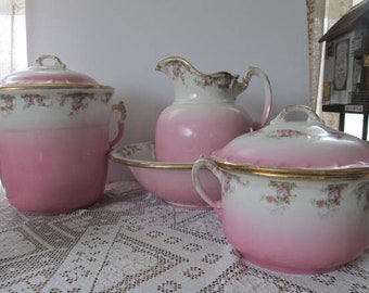 6 Pc Antique Ironstone Pitcher Bowl Set Chamber Pots Victorian Antique Bathroom Decor Bedroom Decor Antique Farmhouse Guest room Decor Pink