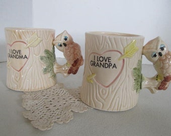 Grandpa and Grandma Mugs, Owls home decor, I Love Grandma and Grandpa Coffee Cups, Grandparent Gift