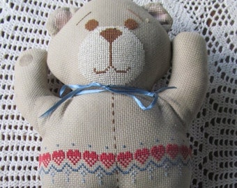 Valentine Teddy Bears Handmade Cross stitch Teddy Bear with Big Red Hearts Hand Stitched Teddy Bear Cross Stitch hand made Teddy Bear