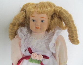 Blond pig-tailed Porcelain doll with blond pig tails vintage Porcelain doll Gift for Grandaughter 8" Dolls Little Girls Bedroom decor