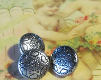 Trio Sweetheart Buttons Silver Buttons Heart Shaped silver Buttons Assemblage Findings Collecting Buttons Vintage silver buttons with Hearts