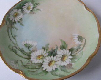 Antique Limoges France Superieur Plates Set of 4 Rare 1910s Arts and Crafts Motif Green Yellow Daisy on White Porcelain Dessert Plates